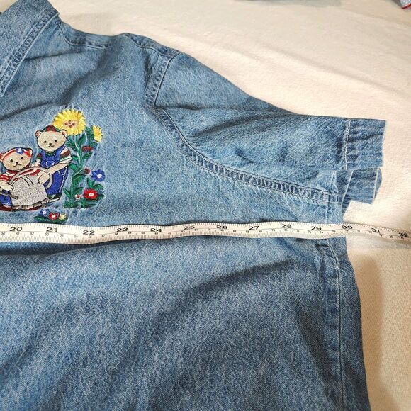 Vintage Embroidered Bear Denim Shirt Short Sleeve Oversized 26/28W 90s - Picture 7 of 8